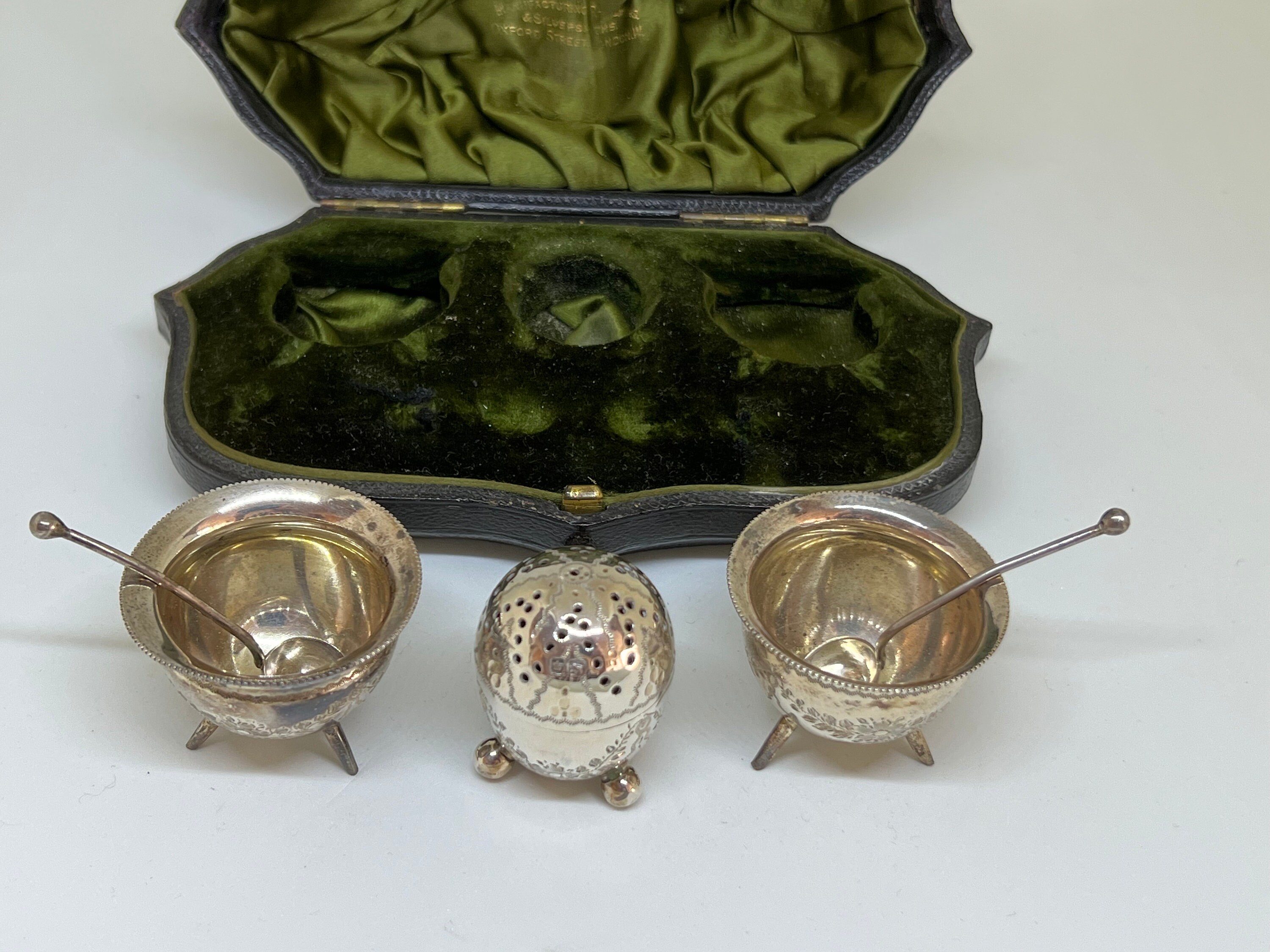 Antique Sterling Silver Three Piece Condiment Set With