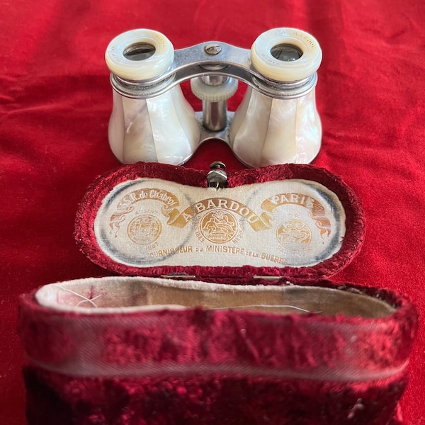 Antique French Aluminium and Mother of Pearl Opera Glasses Lorgnettes by A Bardou Paris Stunning Quality With Original Red Velvet Case