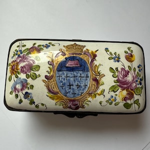 Antique Lille Porcelain Trinket Box: Handpainted Enamel, Gilded Ormolu, 1763