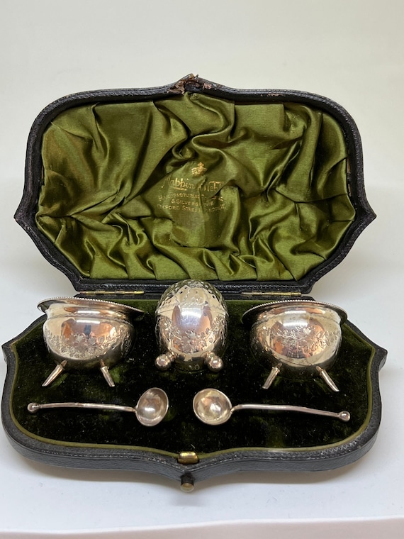 Antique Sterling Silver Three Piece Condiment Set With