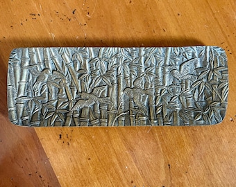 Antique Japanese Gilt Bronze Pen Tray Oriental Bamboo Bird Design