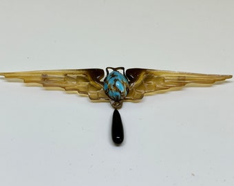 Georges Pierre, GIP, Rare French Art Nouveau Brooch, Carved Winged Egyptian Scarab Brooch, Arts and Crafts, Unusual Large Size, circa 1900