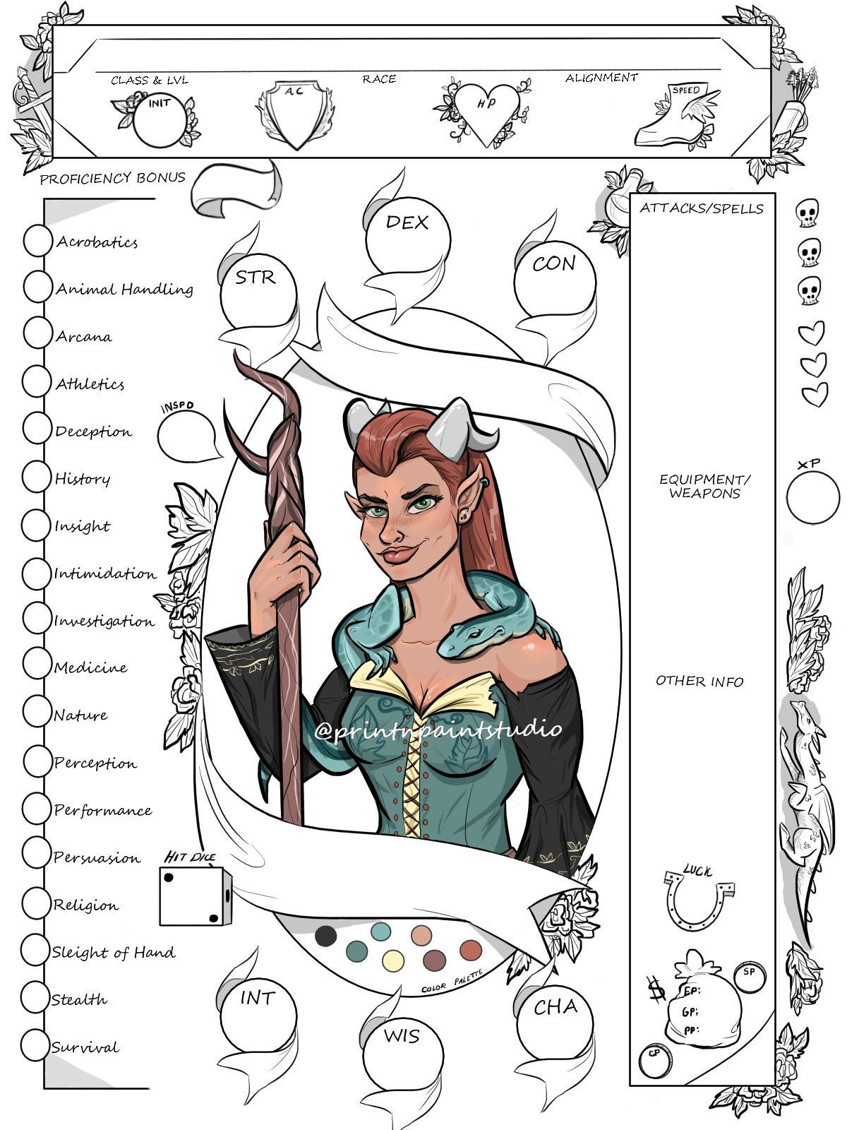 Dungeons Dragons Rpg Character Sheet Female Tiefling Etsy