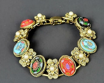 Vintage Gold Tone Glass Tile Link Bracelet~Floral Flowers~Faux Pearls~7”