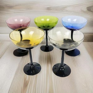 Vintage Handblown Glass~Black Stem~Multi-colored Champagne Coupes Sherbet~Set of 5