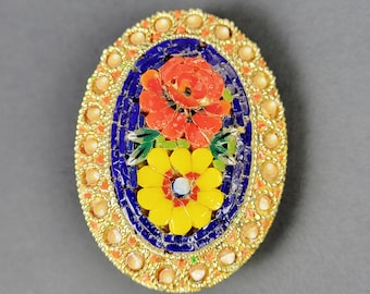 Vintage Micro Mosaic Brooch Pin~Purple Red Yellow~Floral~Rhinestones~Italy