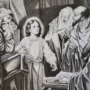 Vintage 70er Jahre Tri-Chem ~Junge Jesus lehrt im Tempel~Unbemaltes 24,25 &quot;× 18&quot;