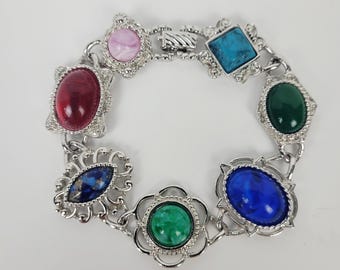 Vintage 70s 1972~Sarah Coventry Frolic Bracelet~Cabachon Moonstone Silver Tone 7.75"