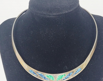 Vintage Taxco Mexico 925 Sterling Silver Turquoise Aztec Choker Necklace Patina