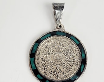 Vintage 925 Sterling Silver Pendant~Aztec Sun Stone Calendar~Inlaid Malachite