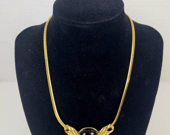 Vintage 80s~Marvella Pendant/Brooch~Gold Plate Black Resin~Herringbone Necklace