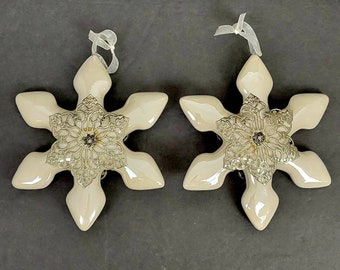 Lot of 2~Snowflake 6 Point Star Ornaments White Porcelain 5" Christmas