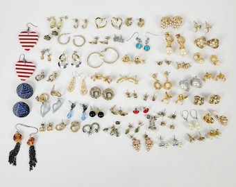 Vintage Earrings Dangle Stud Clip-On Screwback~Gold/Silver Tone~Faux Pearl~Lot of 55