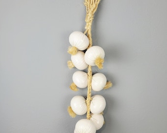 Vintage Ceramic White Onions on Braided Jute Rope~25" Long~3.25" Diameter Vegetable