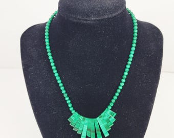 Vintage Malachite Necklace~Cleopatra Style Stick Bib Fringe Beads~14/20 Gold Filled