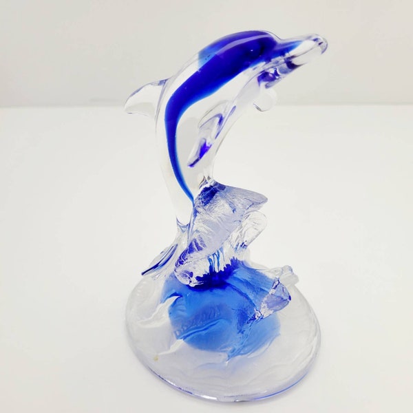 Vintage Cristal D'Arques Durand Crystal Dancing Dolphin Blue Figurine Waves 6” EUC