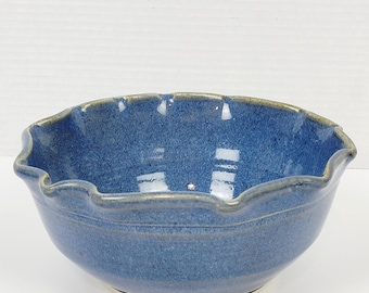 Vtg 2003 JC Vigil~Studio Art Pottery Stoneware Bowl~Blue Speckled~Ruffled 3.25×8