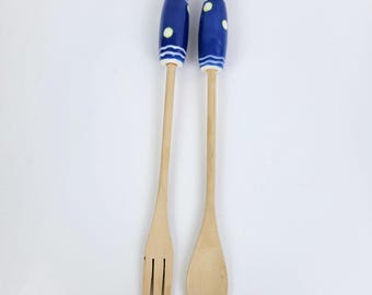 Wood Salad Serving Utensils Fork Spoon~Blue Ceramic Handles~Nautical Wavy Lines