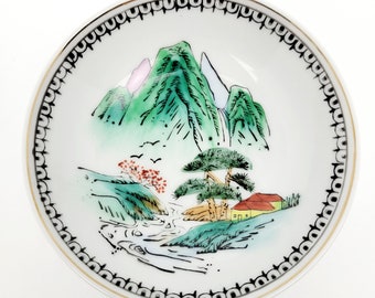 Vintage Japanese Wall Hanging Miniature Bowl Mountain Scenery Hand Painted EUC