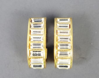 Vintage Napier Gold Tone Half Hoop Earrings~Screw Back~Baguette Crystals~Channel Set
