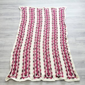 Handmade Crocheted Afghan~ Fuchsia and Cream~ 64&quot; x 41.5&quot;