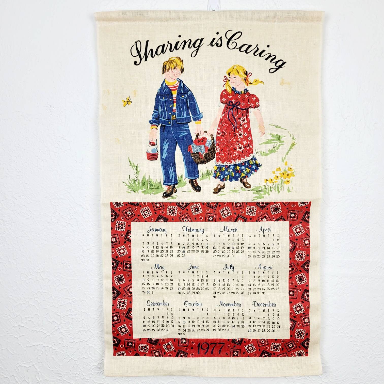Vintage 1977 Linen Cloth Calendar Tea Towelsharing is Caringcountry Picnic  - Etsy