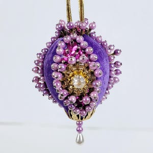 Vintage Push Pin Christmas Ornament~Velvet Purple Gold Beaded Sequins Rhinestone 3×2