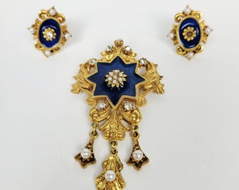 Florenza Brooch Clip On Earring Star Blue Enamel Faux Pearl Rhinestone Victorian