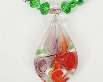 Vintage Glass Beaded Necklace Pendant~Murano Style~Leather~Purple Red Green~20"