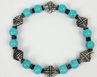 Vintage Turquoise Gemstone Beaded Bracelet~Geometric~Stretchy