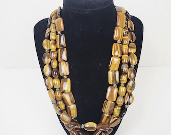 Vintage Sterling Silver Multi Strand Tiger’s Eye Layered Bead Necklace~Chunky~20"