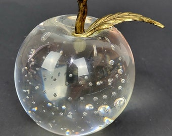 Vintage Paperweight Clear Apple~Brass Stem~Controlled Bubbles 2.5"