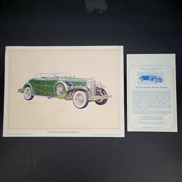 Vintage 1978 John M Peckham Print~1932 Duesenberg Torpedo Phaeton~American Cars Past