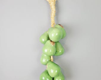 Vintage Ceramic Green Pears on Braided Jute Rope~21" Long~3.25" Diameter Fruit