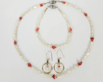 Vintage Rice Pearl Red Coral Beaded Necklace Bracelet Earrings Set~Hawaiian~Islander
