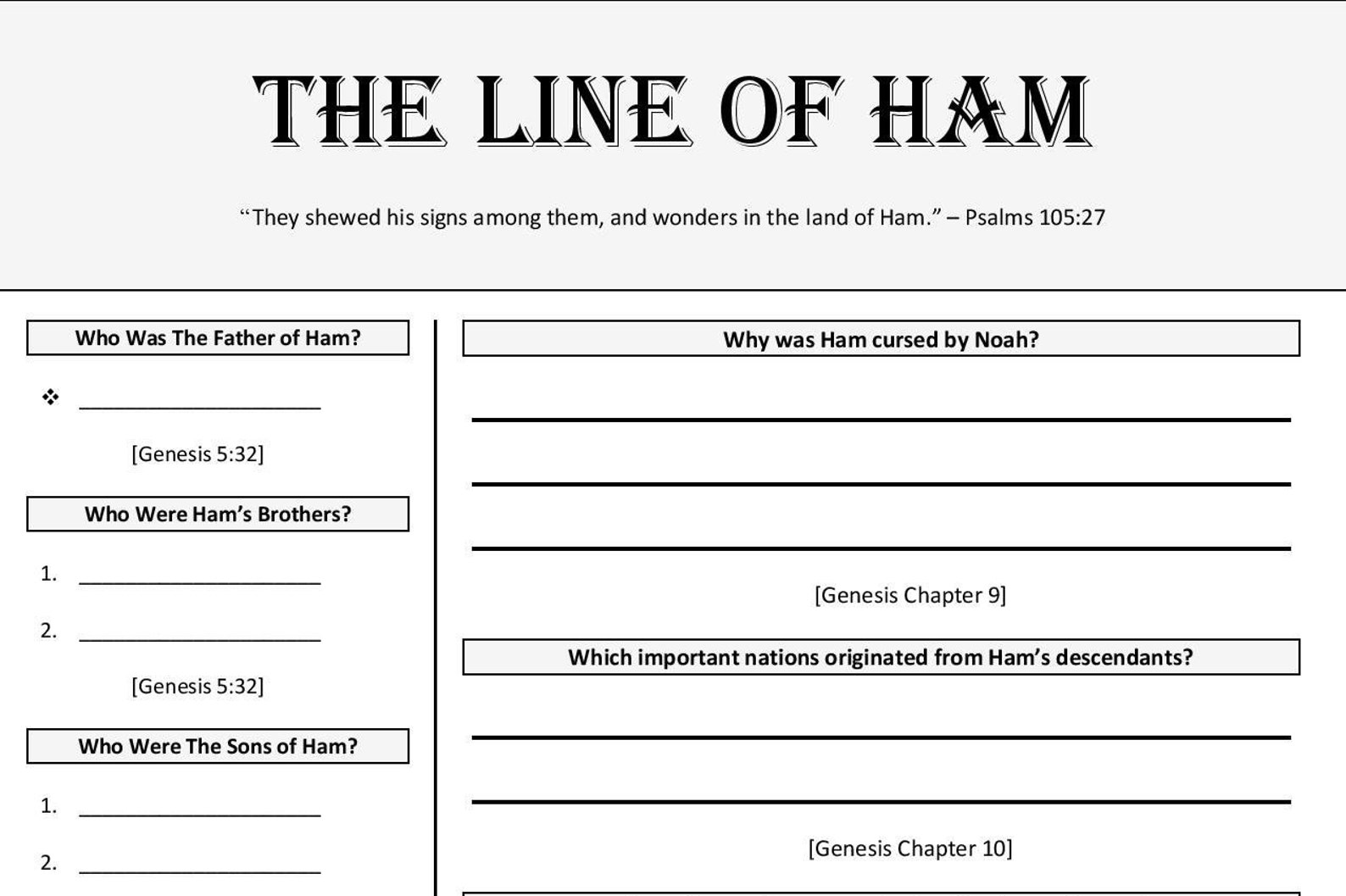 The Line of Ham Bible Study Worksheets Bible Study Etsy