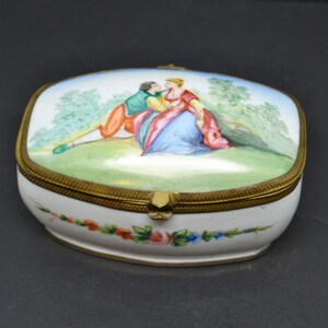 antique porcelain and brass jewelry box,porcelain trinket box,hand drawn trinket box,collection trinket