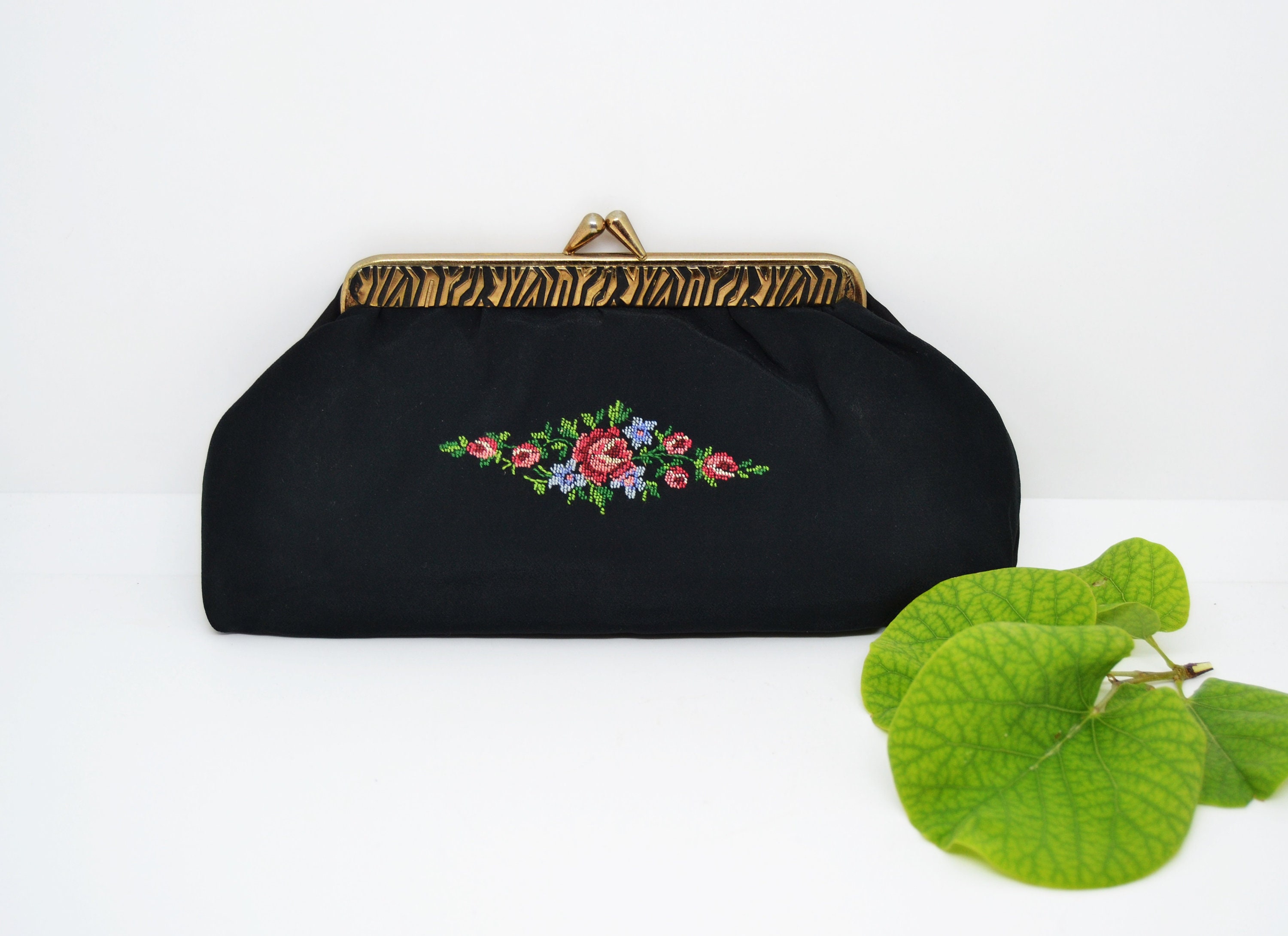 Trousse De Maquillage Vintage – Tissu Tapisserie Victorienne Doré – Fait Main USA