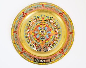Aztec Sun Stone Calendar Collectible Brass Plate Wall Plaque Native Mexican, metal Aztec calendar, Aztec Calendar made on metal plate