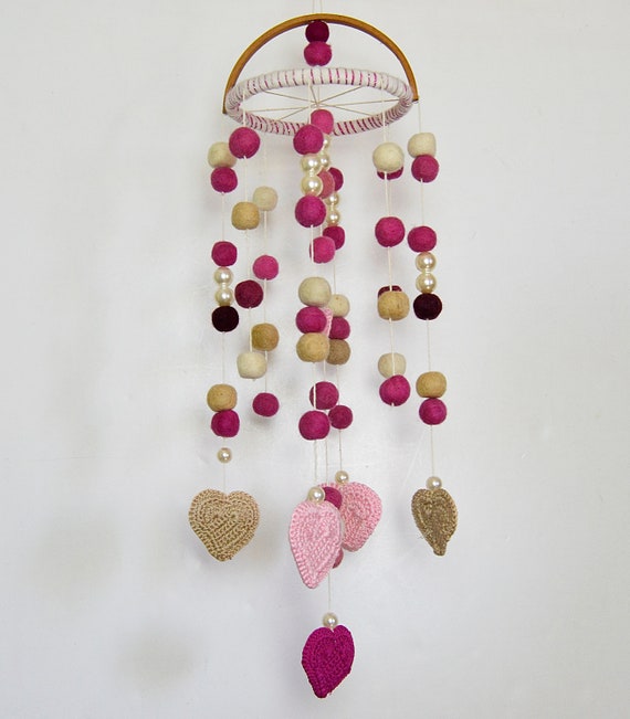 pink and white mobile, pink and white felt ball, crochet hearts, crib mobil, handmade, girl's crib, baby gift, girl's gift, white pearls