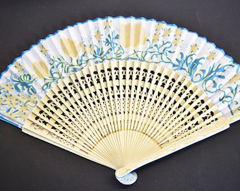 blue wooden fan, vintage fan, women's fan, spanish fan, folding fan, collection fan, designer fan, artisan fan