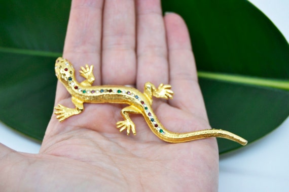 lizard brooch, golden lizard, vintage brooch, bro… - image 1