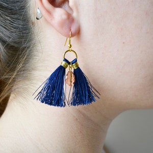 gold blue tassel earrings, navy blue earrings, teardrop earrings, women earrings, blue earrings, tassel earrings, trend earrings, women gift