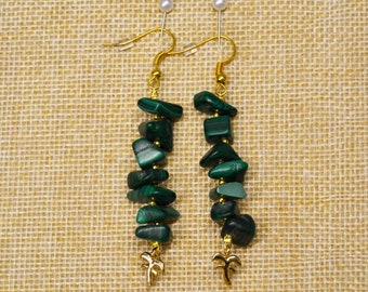Malachite Earrings, Green Earrings, Gold Earrings, Long Earrings, Malachite Stone, Handmade, Women Gift, Green Jewelry