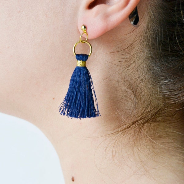 small tassel earrings, blue earrings, tassel earrings, polyester earrings, handmade earrings, thread earrings, women gift, trend earrings