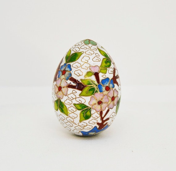 Vintage ASIÁTICO Floral Flor de loto CHINO CLOISoNNE Esmalte Dorado Latón Egg cloisonne, huevo de esmalte