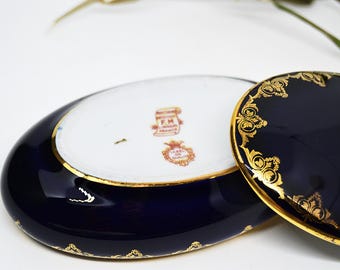ヴィンテージのコバルトブルーとゴールドのリモージュ磁器のジュエリー