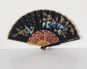 hand drawn wooden fan, black fan, collection fan, spanish fan, flower fan, women gift, christmas gift, folding fan, collector's gift