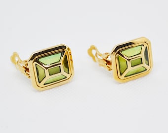 gold earrings, earrings, transparent, green earrings, vintage earrings, clip earrings, dress earrings, woman's gift, geometric earrings