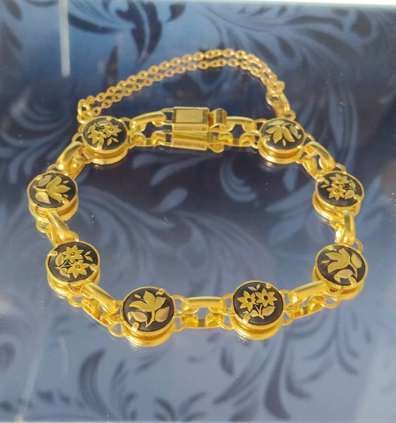 Vintage damascene bracelet dainty damascene gold bracelet spring closure black and gold toldeoware bracelet